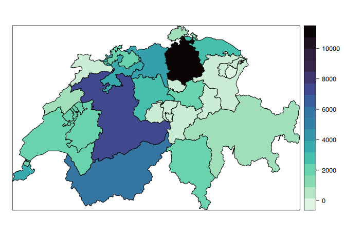 Map of Switzerland, showing how many Ukrainian refugees lived in each canton as of October 2022