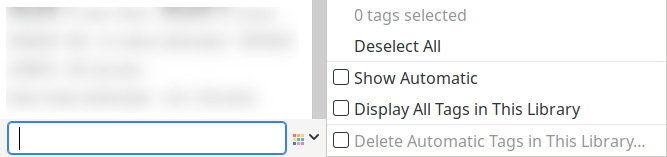 Screenshot of Zotero showing where to remove automatic tags from the tag selector