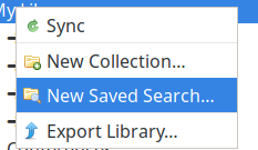 Screenshot of Zotero showing how to select New Saved Search